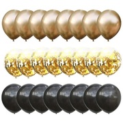 Balony złote, czarne, konfetti 15szt.