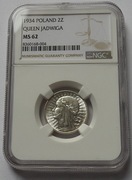 2 złote Głowa Kobiety Polonia 1934 NGC MS62 rzadka tylko250 tys !!!