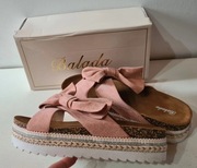 Vices Balada klapki sandały na biało-plecionej platformie jasny róż kokarda