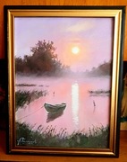 "ŚWIT NAD BRZEGIEM JEZIORA"- OBRAZ OLEJNY NA PŁÓTNIE/44x34 