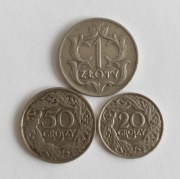 1 zł 1929, 50 gr 1923, 20 gr 1923 – zestaw