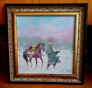 UŁAN Z KONIEM-OBRAZ OLEJNY NA PŁÓTNIE, -J. KOSSAK 40X40 