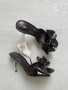 ZARA brązowe klapki obcas szpilka lakierowana skóra kokarda NOWE 39