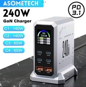 Inteligentna szybka ładowarka GaN 240W Asometech 4xUSB-C 2xUSB-A