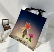 Torba płócienna “Mały Książę i Róża na Księżycu”–czarna, 35x40 cm, shoperka