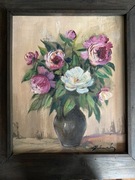 Obraz olejny z ramą - Stanisław Habrowski "Peonie w siwaku" 50x60 1980