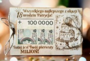 Drewniana kartka. Urodziny. 10x15cm. Personalizacja. Banknot. Przyjęcie. 