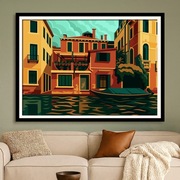 Wlochy - Wenecja - kanał, łódka i kamienica - grafika retro 60x40cm