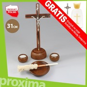 31cm DUŻY DREWNIANY KOMPLET KOLĘDOWY Krzyż Świeczniki Kropidło Miska KOLĘDA