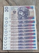 Banknoty 20 zł x 10 sztuk z 2025 - stan 1