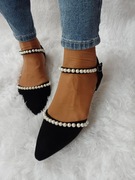 (39/40) Czarne, Welurowe baleriny wieczorowe z perłami, NOWE 