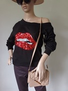 Damska czarna bluza na jedno ramię, usta, r S/36 Lipsy