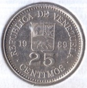 WENEZUELA 25 Céntimos 1989, Y# 50a, AU 