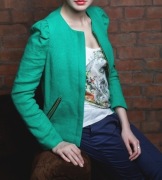 MANGO | Zielony żakiet z ramii i bawełny | Bufiaste rękawy | Złote suwaki