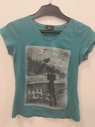 Morska, zielonkawa bluzka z krótkim rękawem, t-shirt z nadrukiem