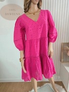 Sukienka różowa 38 M baby doll bdb ażurowa letnia bufiaste rękawy falbanki