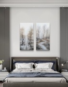 Jesienny pejzaż beżowy, delikatne kolory akryl i struktura na płótnie 