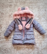 Płaszczyk zimowy dziewczęcy szaro różowy króliczek r. 110/116