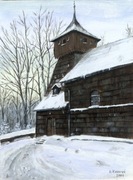 Kościółek w Szczyrku - obraz akrylowy na płótnie 18x24cm z ramką 2001r