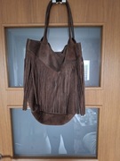 Szoperka skóra naturalna zamszowa włoska nowa czekolada frędzle 