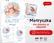 Metryczka dla dziecka chrzest, urodziny ze zdjęciem do druku A4