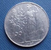 Moneta Włochy 100 lirów 1967