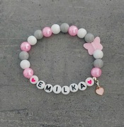 Bransoletka imię imienna z napisem koraliki zawieszka  różowa szara biała 