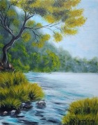 PEJZAŻ RĘCZNIE MALOWANE AKRYLOWY "NAD SAMĄ WODĄ" - 30x24cm
