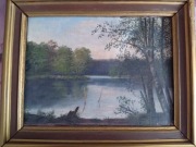 Piękny obraz olejny,antyk,jezioro.