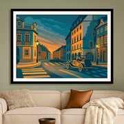 Praga o zmierzchu uliczka i klasyczny samochód Art Deco, plakat 60x40cm