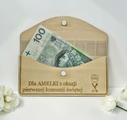 Personalizowana koperta drewniana, Komunia Święta, grawer, imię, pamiątka.