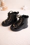 Lakierowane botki dziecięce czarne – ocieplane, zamek + sznurowanie r.24
