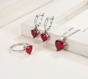 Srebro elegancki naszyjnik kolczyki i pierścionek serce 925 czerwony