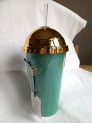 AKCAM kubek ze słomką ZIELONY BROKATOWY ze złotą pokrywką NOWY