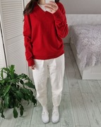 Selected czerwony wełniany sweter w serek 80% lambswool wełna L