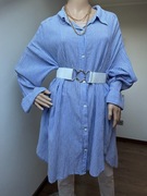 Koszula długa oversize 100% wiskoza dlugi rękaw paski błękitna tunika