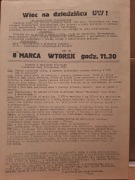 Ulotka NZS UW – 8 marca 1988 – Wiec na dziedzińcu UW – PRL – oryginał
