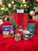 Prezent świąteczny zestaw - kubek/świeca/skarpety/herbata/Milka/torebka