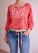 Koralowa bluzka boho z haftem, folk etno slavic góralska, 100% cotton, L/40