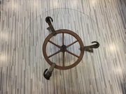Stolik kawowy 100 cm - drewniane koło + szklany blat - rustykalny loft