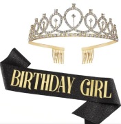 Szarfa korona na urodziny urodzinowy zestaw Birthday Girl 18 tka czarny