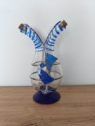 Karafka olej ocet duo artystyczne szkło kobalt witraż z owijką