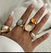 Zestaw 5 Pierścionków Boho Statement Złote Regulowane Kamienie