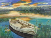 Obraz olejny „Łódka o zachodzie słońca” 75x55 cm – ręcznie malowany, unikat