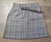 Szara Spódniczka Mini w Kratę + Brązowy Pasek / 32 / XXS