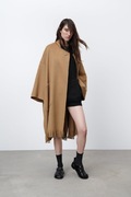 Zara płaszcz wełna oversize frędzle boho kamel