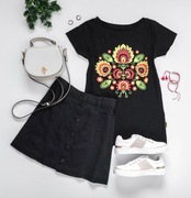 Nowy damski t-shirt czarny XS z ludowym nadrukiem polska produkcja