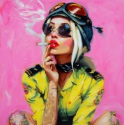 Nowoczesny obraz na płótnie Kobieta z papierosem , różowe tło