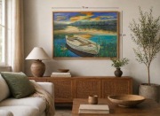 Obraz olejny „Łódka o zachodzie słońca” 75x55 cm – ręcznie malowany, unikat