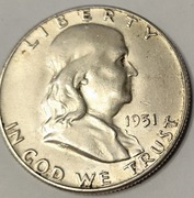 Half Dollar 50 cent Franklin 1951  Rzadka  Srebro  Ag 900 